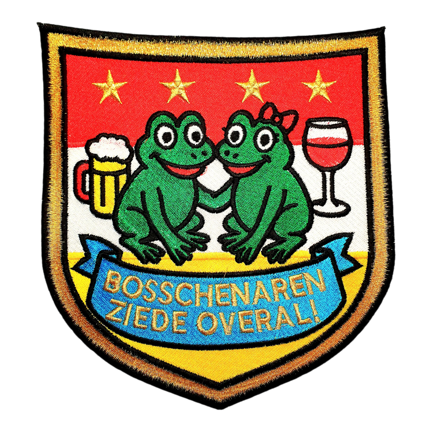 XL Oeteldonk patch van 20x21 cm in schildvorm met twee kikkers, bier, wijn en de tekst “Bosschenaren Ziede Overal!”.