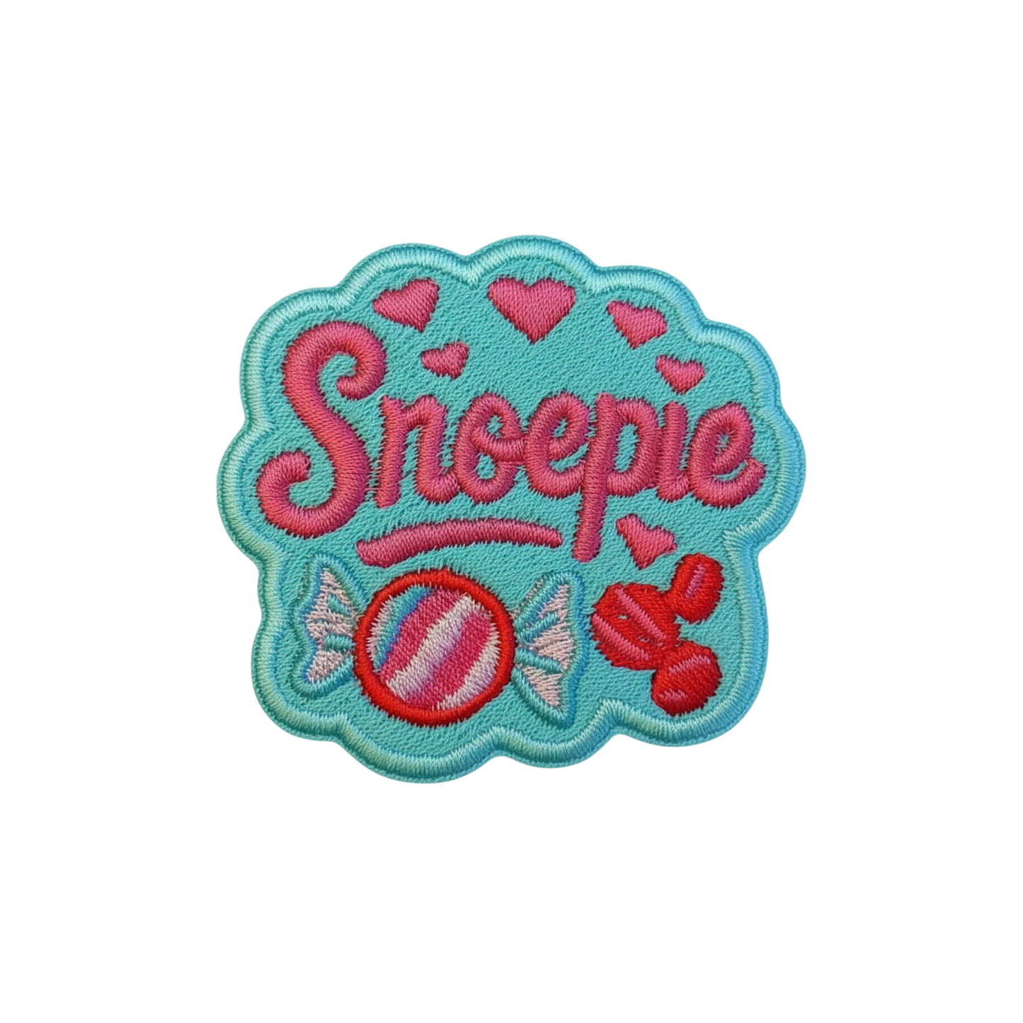 Snoepie pastel candy embleem turquoise roze fuchsia rood borduurembleem van OetelClub Rosmalen ❤️🤍💛