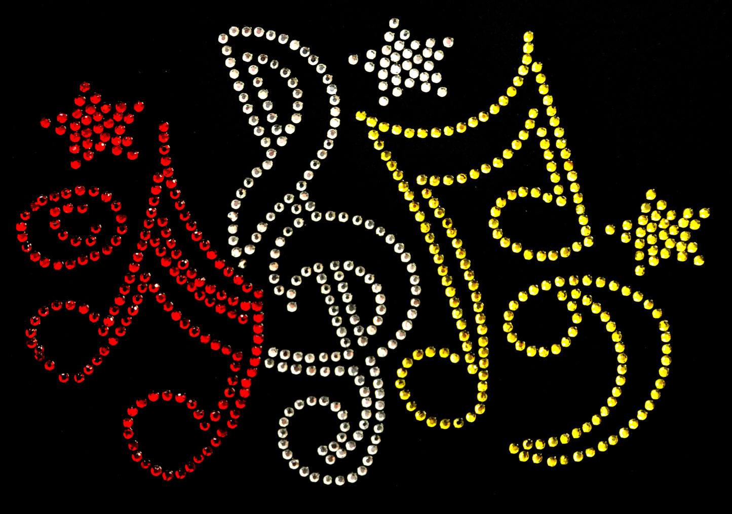 Oeteldonk strass applicatie muzieknoten open klein rood,wit,geel 13x9cm