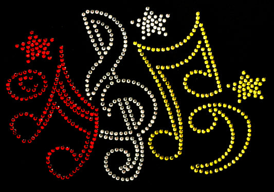 Oeteldonk strass applicatie muzieknoten open klein rood,wit,geel 13x9cm
