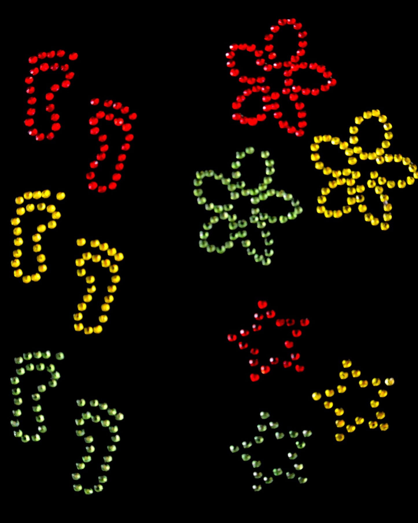 strass applicatie voetjes, bloem, sterretjes 9 stuks rood,geel,groen 10cm