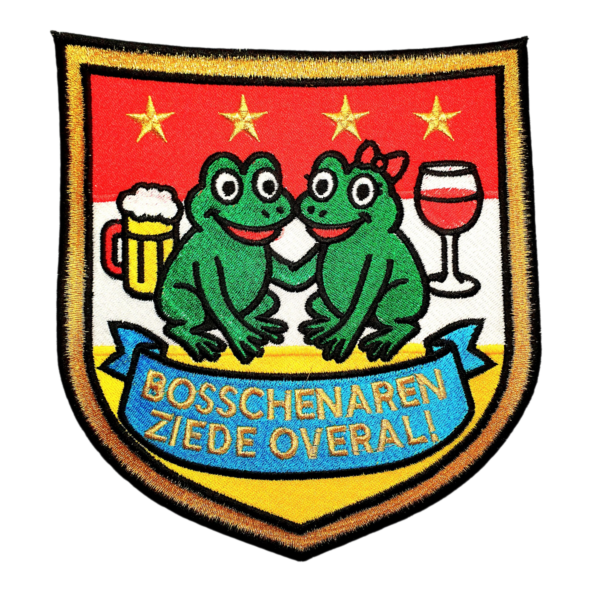 XL Oeteldonk patch van 20x21 cm in schildvorm met twee kikkers, bier, wijn en de tekst “Bosschenaren Ziede Overal!”.