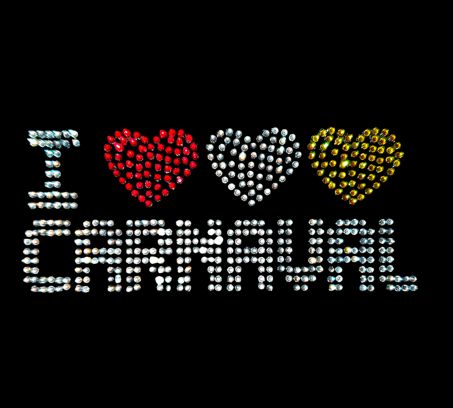 Oeteldonk strass strijkembleem I love (3 hartjes) Carnaval 12cmx5cm