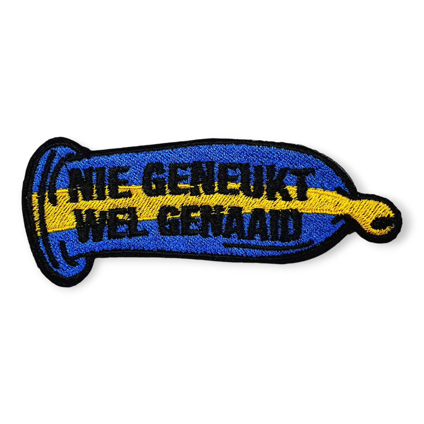 carnaval embleem nie geneukt wel genaaid zandhazendurp blauw wit humor patch 🤣😈💙🤍