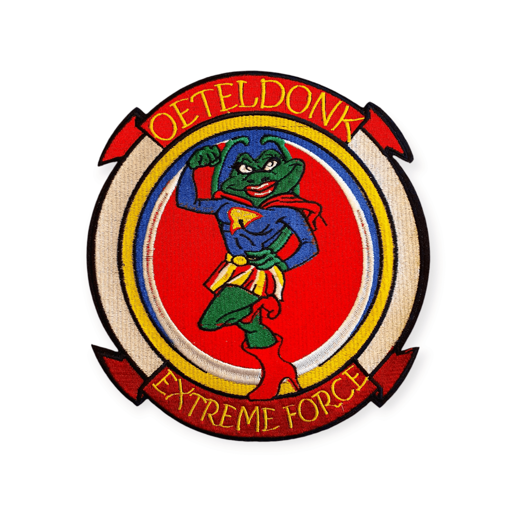 XL rugembleem met Oeteldonks powervrouwke in RWG-kleuren – OetelClub borduur embleem