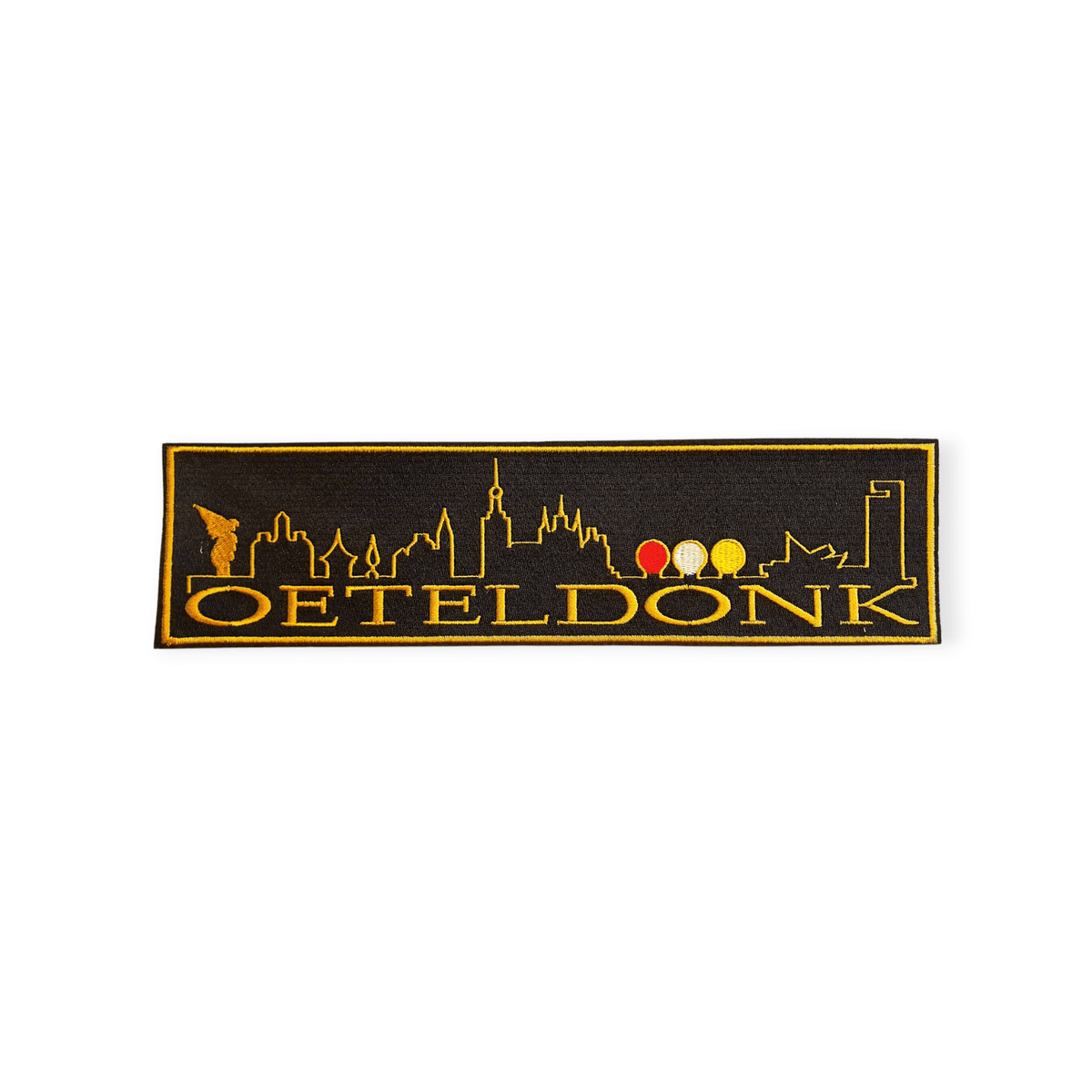 Rug embleem Oeteldonk skyline zwart met goud – luxe groot borduurembleem van OetelClub