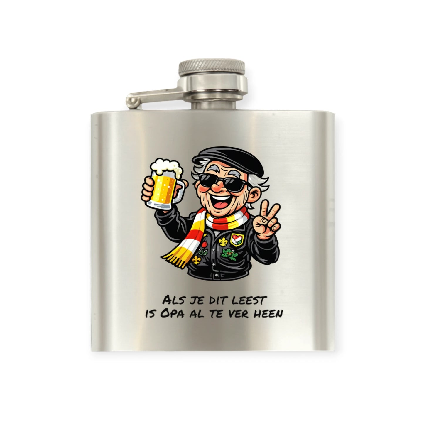 RVS heupfles met een gepersonaliseerd OetelClub-ontwerp, ideaal voor carnaval en cadeaus.