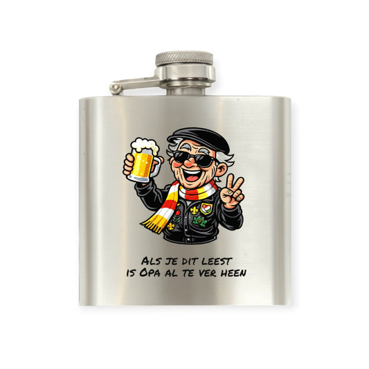 RVS heupfles met een gepersonaliseerd OetelClub-ontwerp, ideaal voor carnaval en cadeaus.