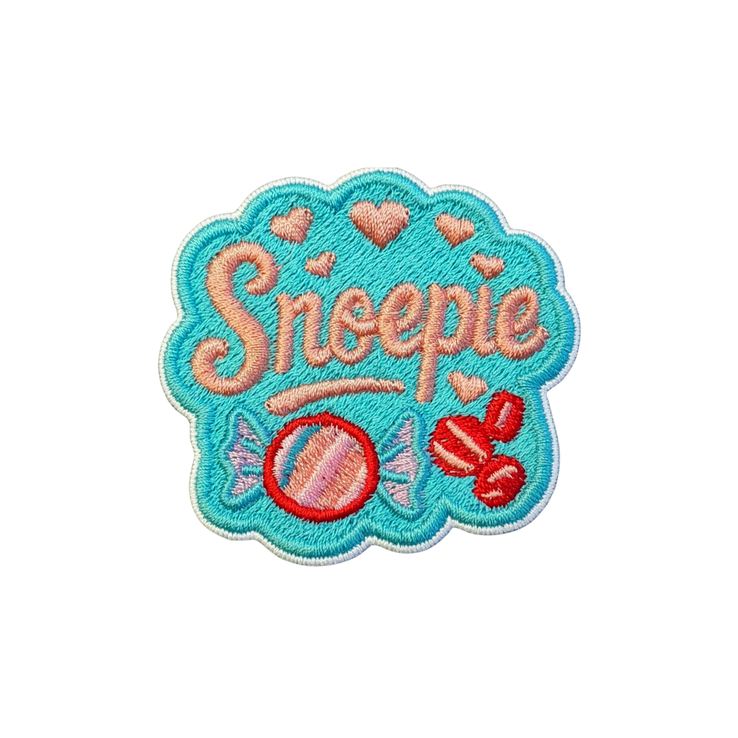 Snoepie pastel candy embleem turquoise roze rood lila borduurembleem van OetelClub Rosmalen ❤️🤍💛